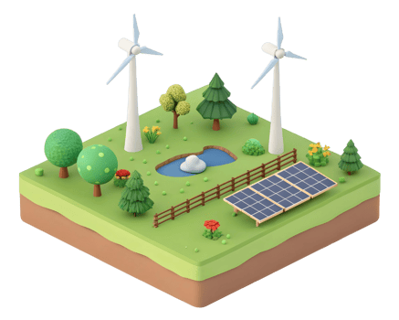 Isometric landscape with wind turbines, solar panels, pond, trees and fence on a green field png
