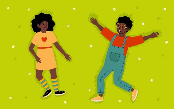 Two children playing together on a bright green lawn during a sunny afternoon vector
