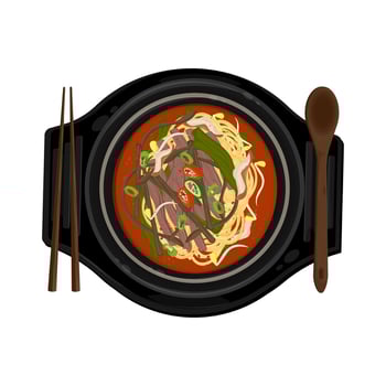 Illustration Logo Clipart Top View Ready to eat Yukgaejang Spicy Beef Soup with Vegetables vector