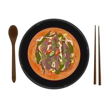 Illustration Logo Clipart Top View Yukgaejang Korean Spicy Beef Soup on a Bowl vector
