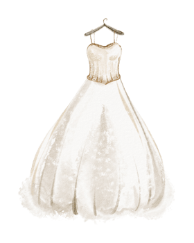 Watercolor illustration of an elegant bridal gown hanging on a hanger. Hand drawn design of a romantic wedding dress perfect for invitations and wedding boutiques. Classic fashion symbol of love. png