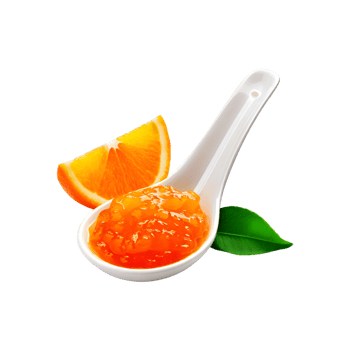 White spoon of orange fruit jam with slice and leaf on transparent background png