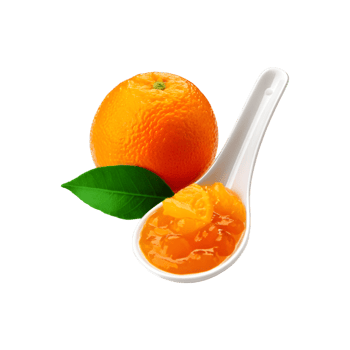 Spoon of orange fruit jam with slice and leaf on transparent background png