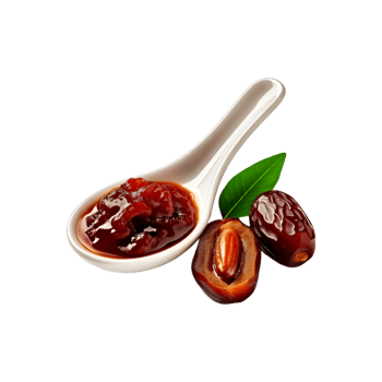 White ceramic spoon of dates fruit jam on transparent background png