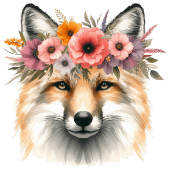 Watercolor fox portrait with floral crown featuring pink orange and purple flowers art piece png