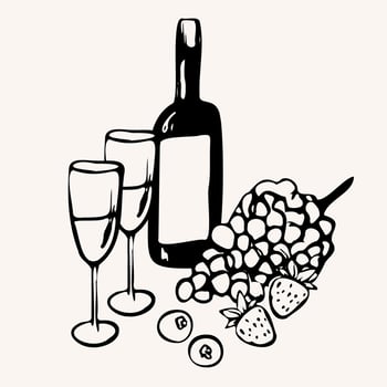 Hand drawn dinner composition with wine bottle glasses, grapes, strawberries. illustration in sketch whimsical line art style. For menu, label, packaging decor, culinary cards, engraving vector
