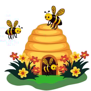 Cute cartoon bees flying around a beehive surrounded by colorful flowers. Adorable illustration of a happy bee family in nature. Perfect for kids content vector