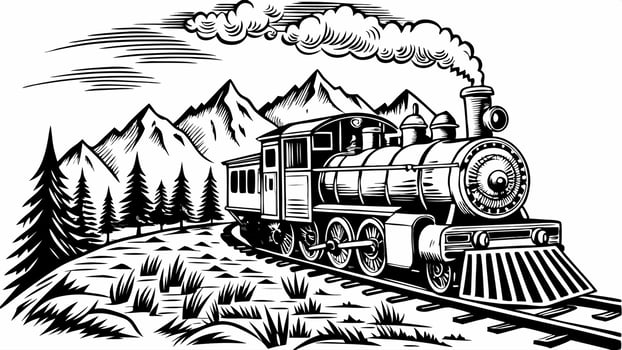 Vintage Steam Train in Mountain Landscape Black and White Illustration vector