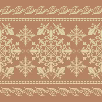 Beautiful Ellipse Opulence Curly Scroll Ornament Florals and Leaves with Royal Gold Element on Light Brown Background. Luxury Warm Mocha Moose Pattern Seamless Design for Border Rim Lace Fabrics Scarf vector