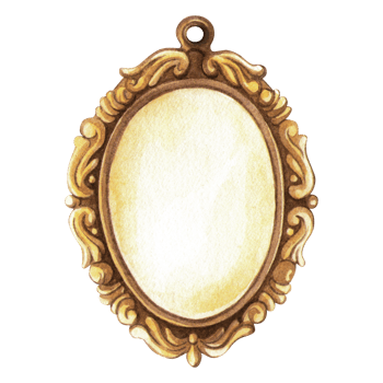 Bronze pendant frame in vintage style. Watercolor hand-drawn romantic illustration of retro mirror jewelry. Perfect for frames, name place, craft decoration, elegant invitation, banner, Valentines day png