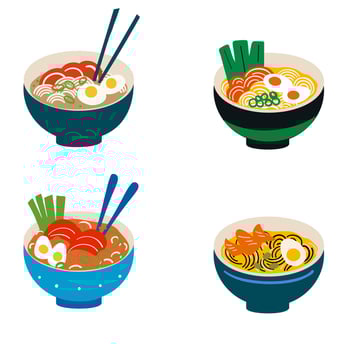Ramen noodles illustration on bowl and chopstick. Japanese noodle soup. Kanji means Ramen vector