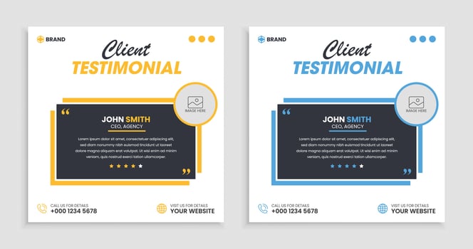 Client feedback review or client testimonial social media post template or web banner design, Customer feedback review or client testimonial design, client testimonial comment or quote square design. vector