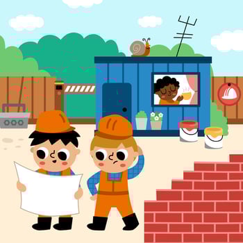 construction site landscape illustration. Scene with kid workers looking at the plan. Square background with funny builders, fence, barrier, brick wall and office container vector