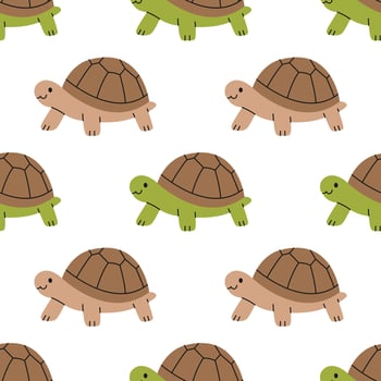 Seamless pattern with land turtles on white background. Cute tortoises. Pet, exotic animal. Domestic or wild reptile. Zoo, wild nature. Flat illustration for wallpaper, textile, packaging vector
