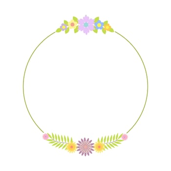 Flower wreath of fancy whimsical flowers, leaves, simple frame design element for wedding, birthday, card, background, invitation, sticker, decoration vector