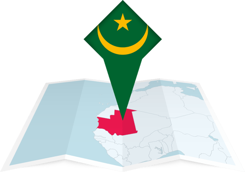 Mauritania pin flag and map on a folded map png