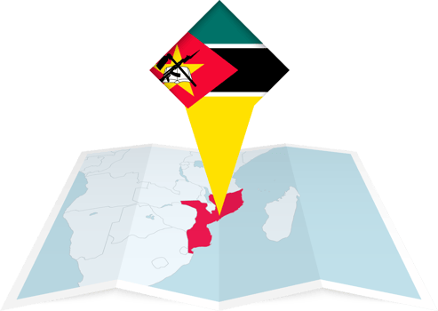Mozambique pin flag and map on a folded map png