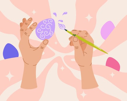 Hands painting Easter egg with swirl pattern using brush. Top view scene. Easter celebration. Springtime holidays. Design for greeting card, invitation, banner, postcard. vector