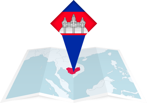 Cambodia pin flag and map on a folded map png