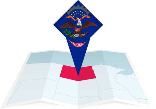 North Dakota pin flag and map on a folded map png