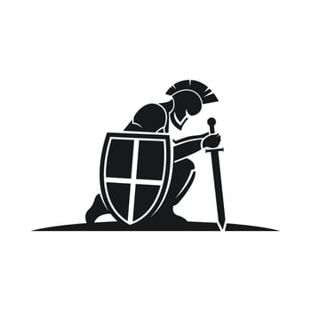 Silhouette of a knight holding a sword and shield logo vector