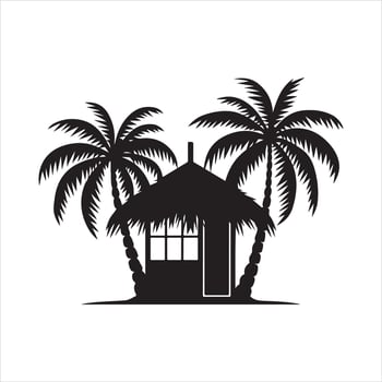 A monochrome image of a small beach cabin with palm trees silhouette white background vector