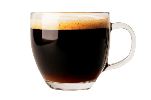 A cup of coffee stands on an isolated background. The coffee is dark and there is foam on top png