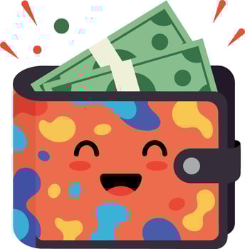 Happy wallet overflowing with cash in a colorful, playful design style illustration vector