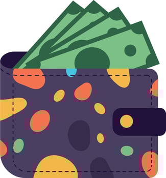 Colorful wallet with cash in a flat design style showcasing fun patterns art vector