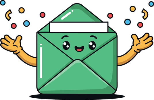 Green envelope with smiling face celebrating, flat design illustration vector