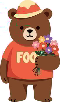 Cute bear in a red shirt holding a bouquet of colorful flowers in a flat illustration vector