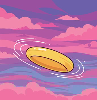 A flying golden frisbee spinning through a colorful sunset sky in flat art vector