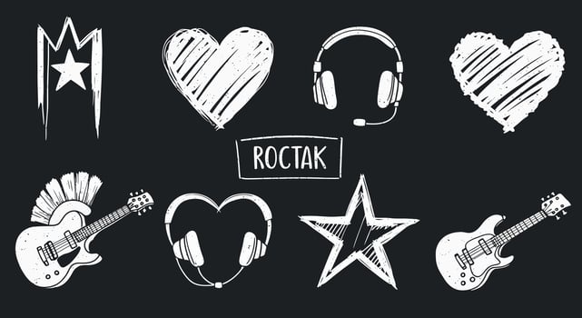 Hand-drawn music-themed elements in chalk style showcasing guitars, hearts, and headphones illustration vector
