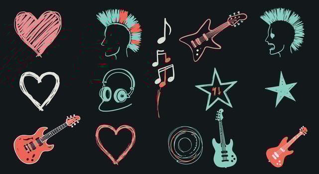 Colorful music-themed illustration featuring guitars, hearts, and musical notes in a playful flat design style vector