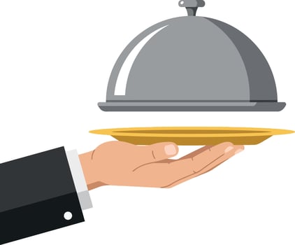 A hand presenting a silver cloche atop a golden plate in flat art vector