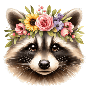 Close up portrait of a raccoon wearing a flower crown with various flowers and green leaves png