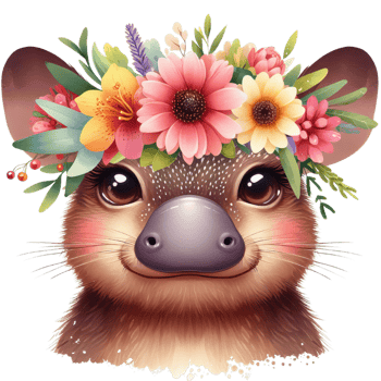 A charming quokka with a floral crown, featuring vibrant pink and yellow flowers and lush greenery png