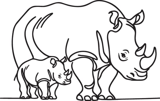 Rhino Mother and Baby Line Art. vector