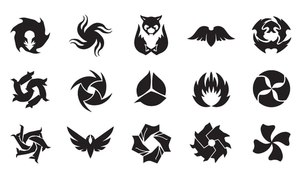 Botanical flower spiral motion swirl decorative abstract geomatic shape energy texture outline logo icon business symbol company set vintage retro circle leaf fire water bird wing vector