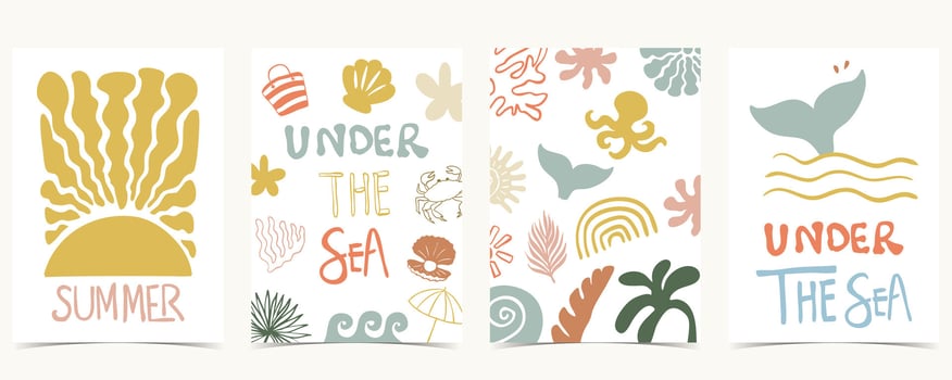 Summer groovy background with shell,fish tail,sun. graphic for a4 vertical design vector
