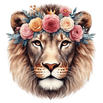 A watercolor painting of a lion wearing a flower crown and a small golden crown on its head png