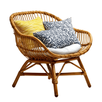 Elegant woven chair with decorative cushions offering a relaxing home atmosphere png