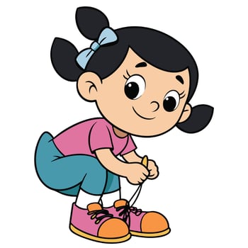 Cartoon Girl Tying Shoelaces Learning Independence And Self Care Skills Illustration vector