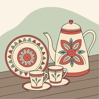 a drawing of a coffee pot and cup vector