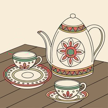 a drawing of a teapot and cups on a table vector
