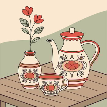 a drawing of a table with a vase and a pot vector