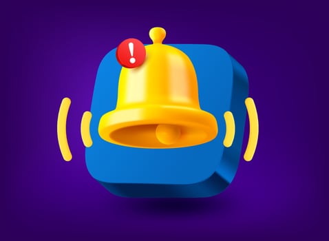 Notification concept with golden bell. 3d application icon vector