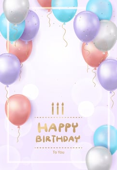 Light purple background with golden Happy Birthday greeting and many colorful balloons flying , upright vector
