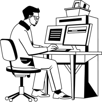 A glyph illustration of a computer scientist working on a system vector