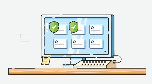 Illustration of a computer monitor displaying a security interface with green shield checkmarks and card icons on a blue screen. The monitor sits on a wooden desk with a keyboard and sticky note. vector